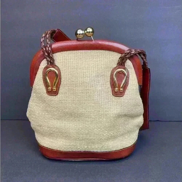 Dillards Leather Woven Cotton Beige/ Brown Women’s Backpack MADE IN ITALY - Picture 2 of 11